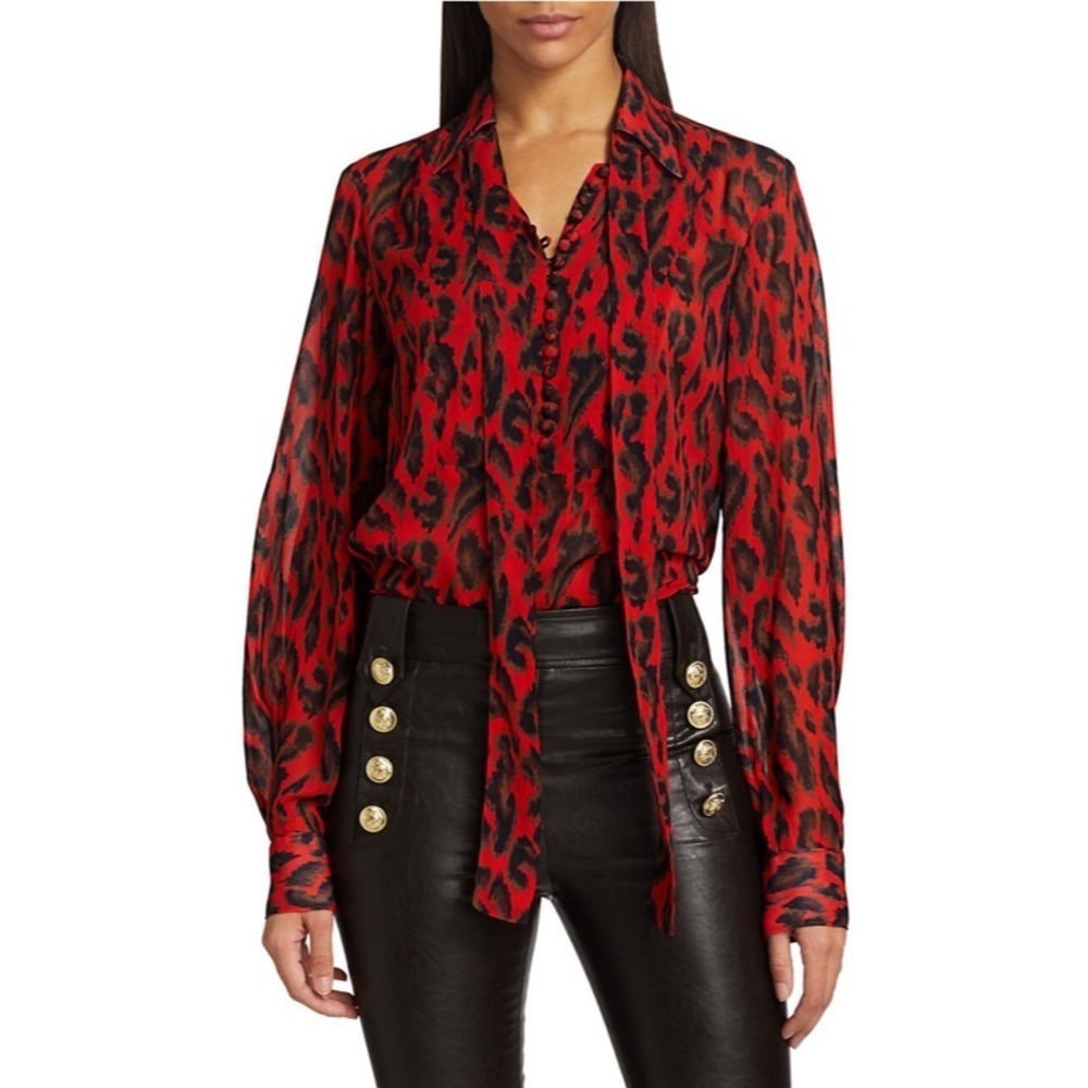 DEREK LAM 10 CROSBY Red Irene Abstract Leopard Print Viscose Blouse EUC Size 6
